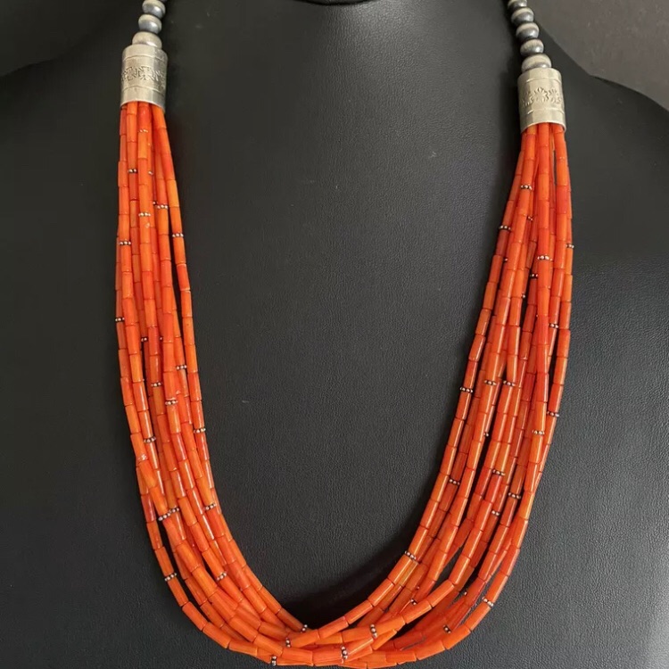 S.Silver Multi Strand Orange Coral Bead Necklace